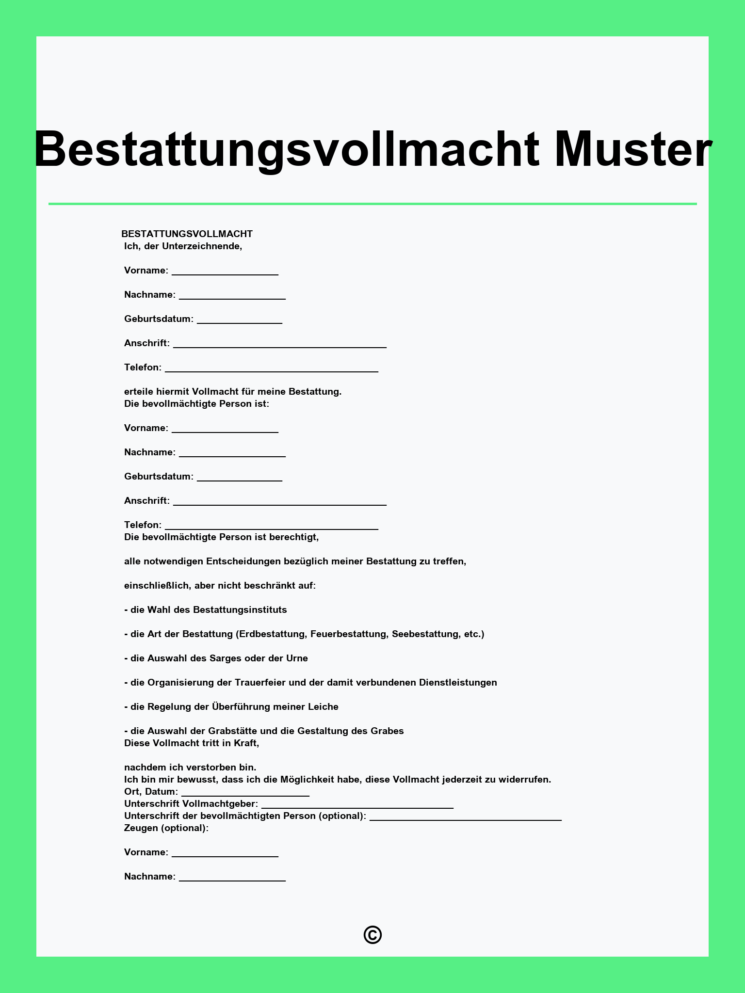 Bestattungsvollmacht Muster