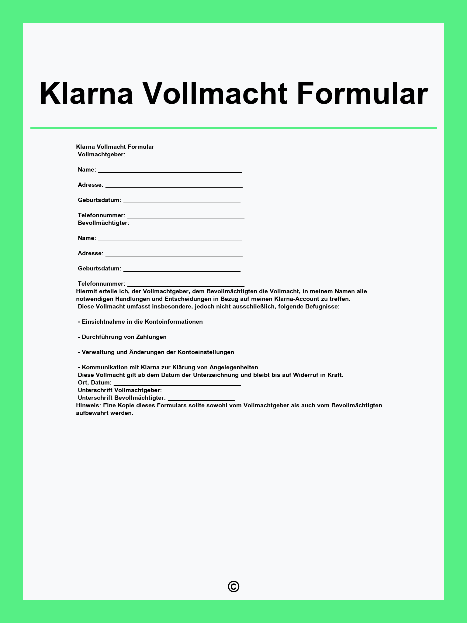 Klarna Vollmacht Formular