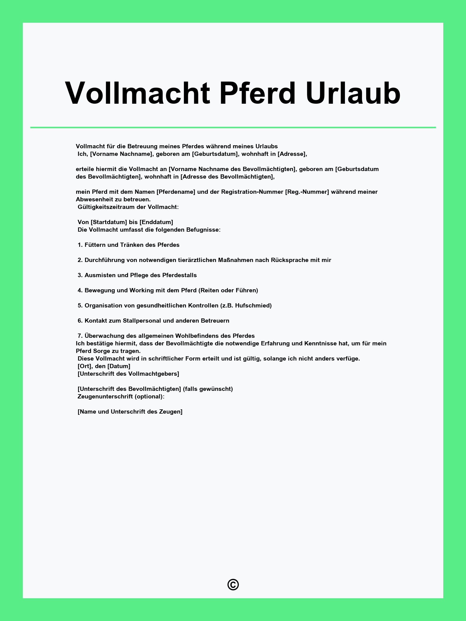 Vollmacht Pferd Urlaub