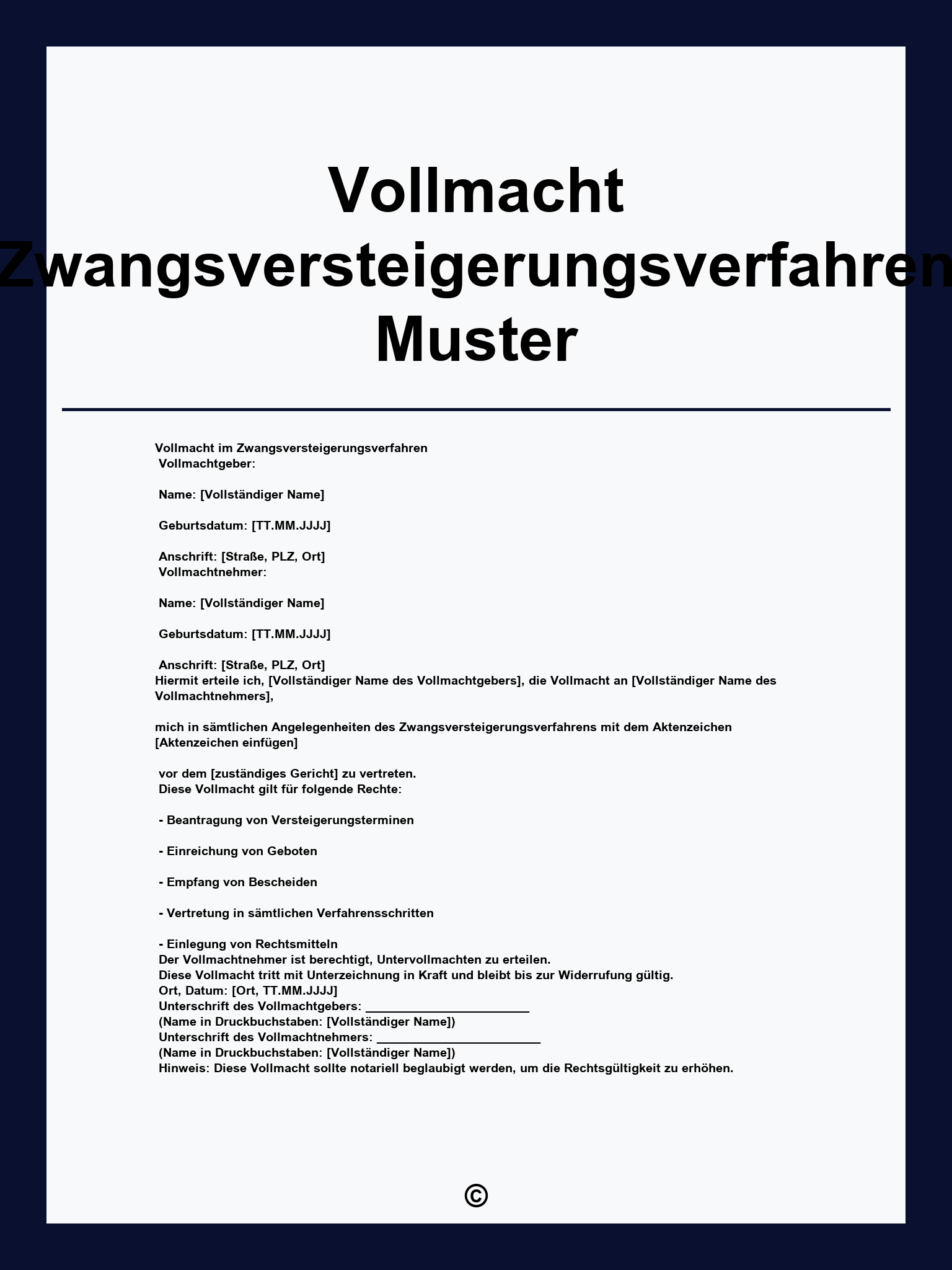 Vollmacht Zwangsversteigerungsverfahren Muster